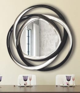 espejo circular de diseño moderno en tonos negro y plata