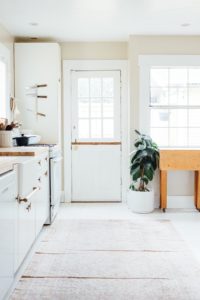 vista de la puerta de una cocina de tonos blancos con planta ficus robusta al lado derecho de la puerta
